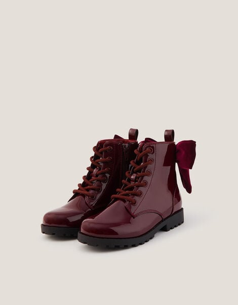Bow Patent Lace Up Boots, Red (BURGUNDY), large