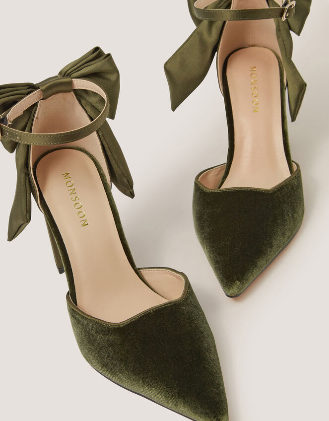 Viera Velvet Bow Pointed Toe Heels, Green (OLIVE), large