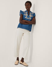 Holly Embroidered Denim Top, Blue (DENIM BLUE), large
