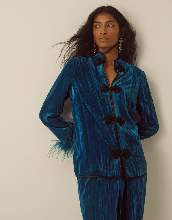 Quinn Frogging Faux Feather Velvet Jacket, Teal (TEAL), large