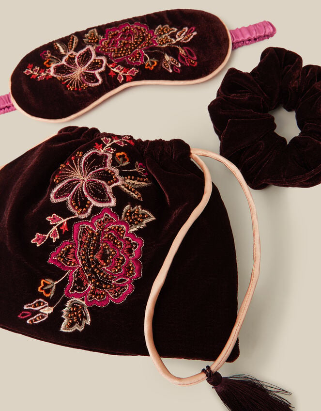 Floral Embroidered Velvet Eye Mask & Hair Scrunchie Gift Set, , large
