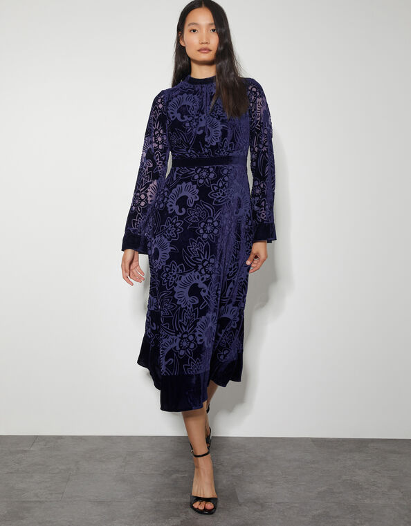 Eva Floral Velvet Midi Dress, Blue (NAVY), large