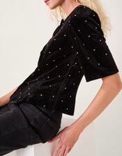 Emma Embellished Velvet Button Top, Black (BLACK), large