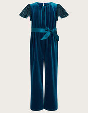 Velvet Sequin Sleeve Jumpsuit, Teal (TEAL), large