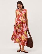 Anissa Sun Print Pleated Midi Dress, Orange (ORANGE), large