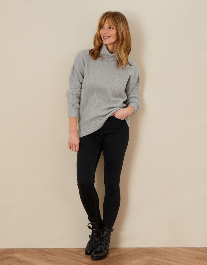 Cable Knit Cowl Neck Jumper, Grey (GREY), large