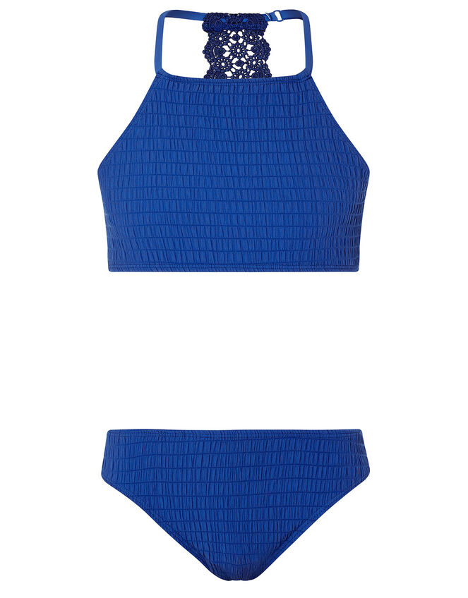 Crochet Insert Shirred Bikini Set, Blue (BLUE), large
