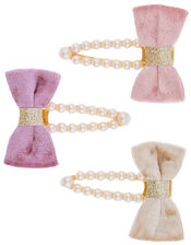 Velvet Bow Pearly Hair Clip Set, , large
