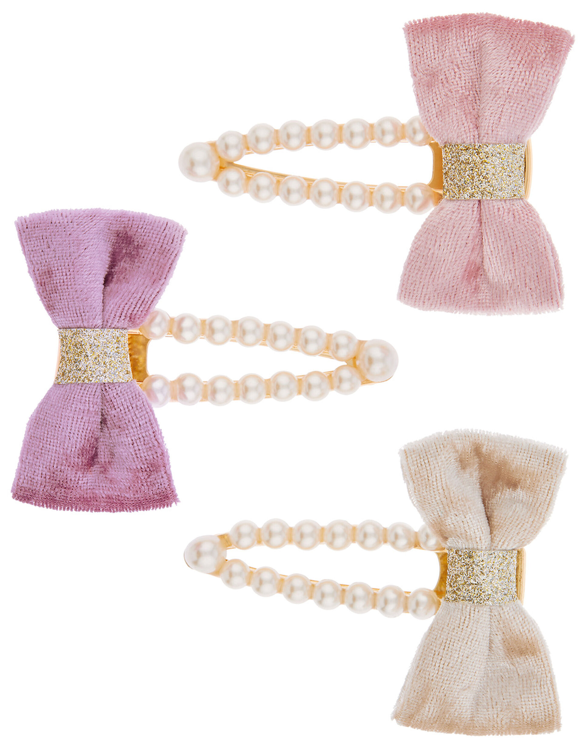 Velvet Bow Pearly Hair Clip Set, , large