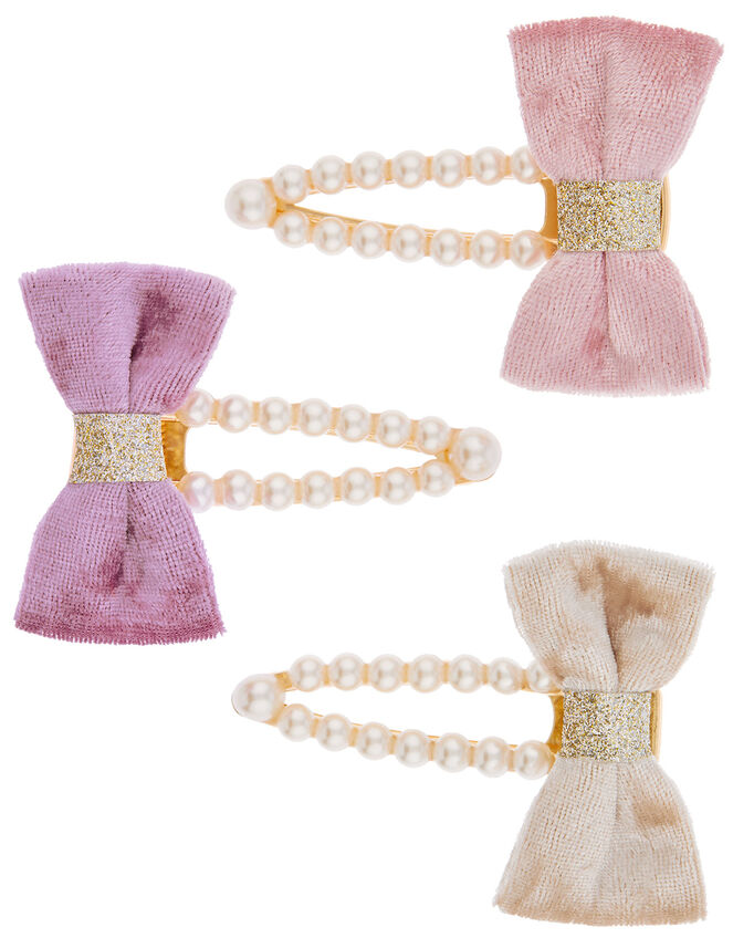Velvet Bow Pearly Hair Clip Set, , large