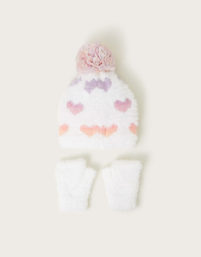 Neon Hearts Fluffy Hat and Gloves Set, Multi (MULTI), large