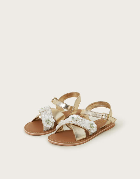 Flower Embellished Metallic Sandals, Ivory (IVORY), large