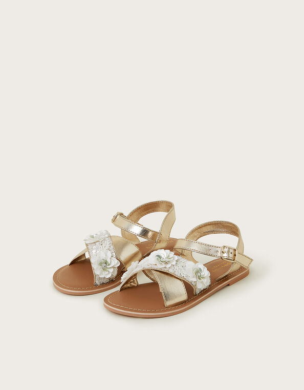 Flower Embellished Metallic Sandals, Ivory (IVORY), large