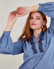 Denim Embroidered Long Sleeve Top, Blue (DENIM BLUE), large