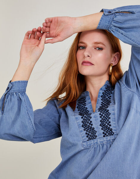 Denim Embroidered Long Sleeve Top, Blue (DENIM BLUE), large