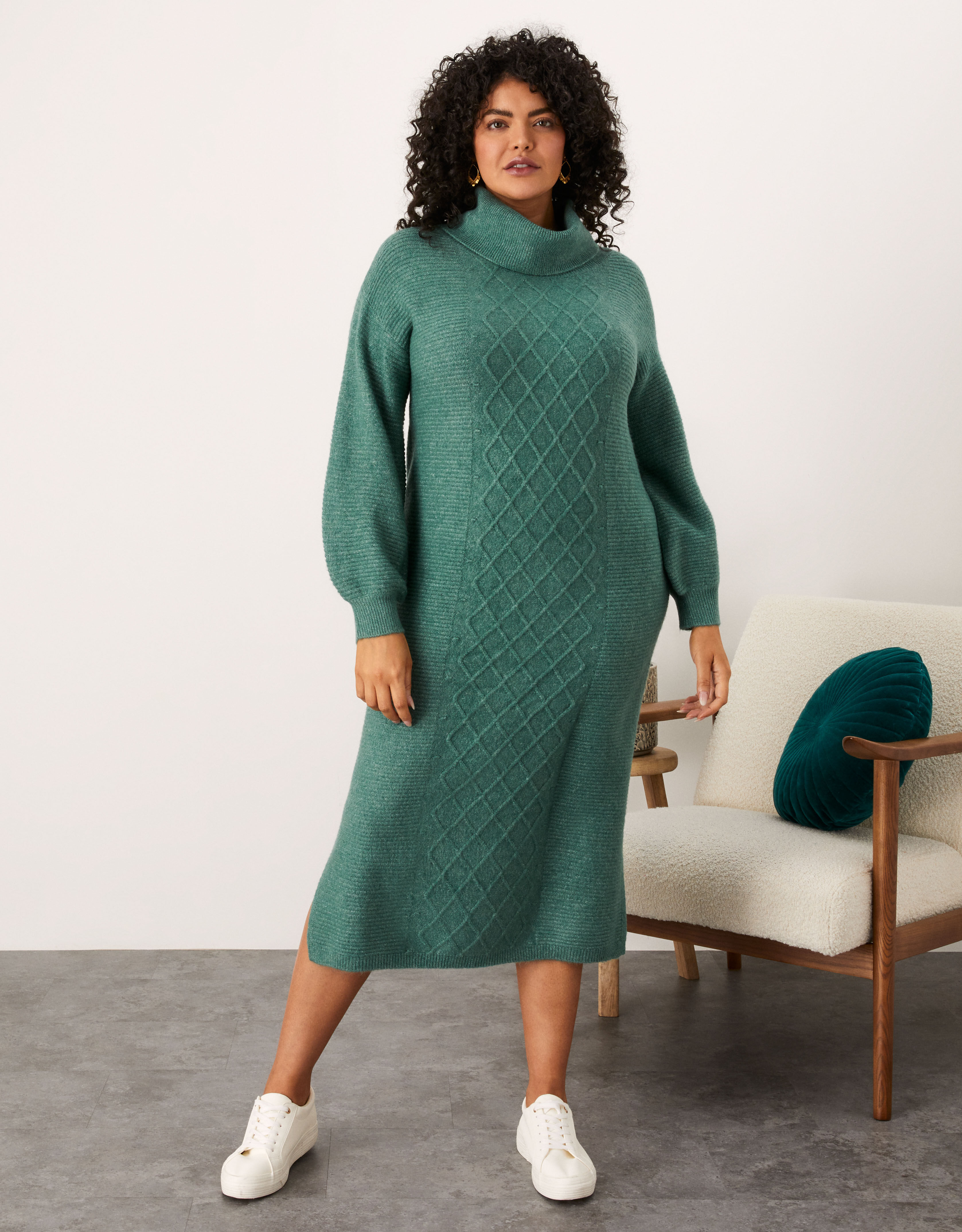 Cable Cowl Longline Dress Green