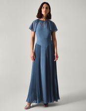 Madison Flutter Sleeve Pleated Bridesmaid Dress, Blue (PETROL), large