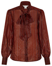 Elodie Metallic Pussybow Blouse, Brown (CHOCOLATE), large