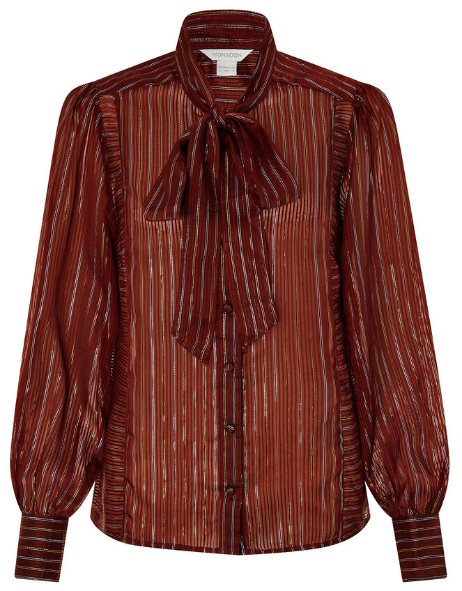 Elodie Metallic Pussybow Blouse, Brown (CHOCOLATE), large