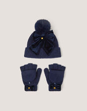 Bow Bobble Hat & Gloves Set, Blue (NAVY), large
