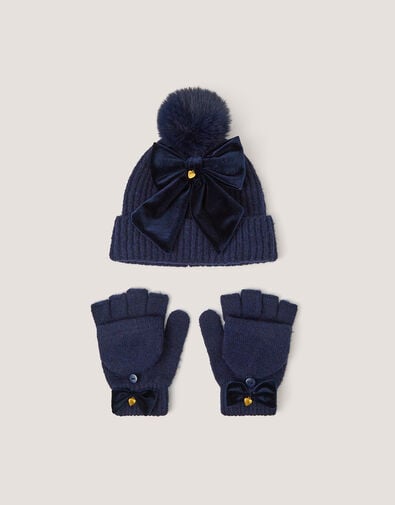 Bow Bobble Hat & Gloves Set, Blue (NAVY), large