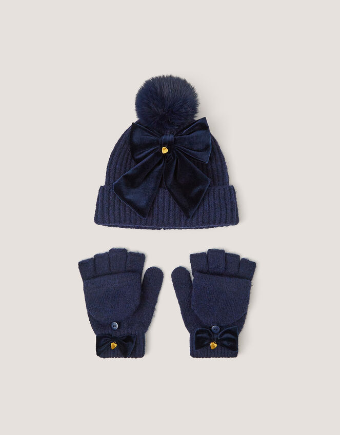 Bow Bobble Hat & Gloves Set, Blue (NAVY), large