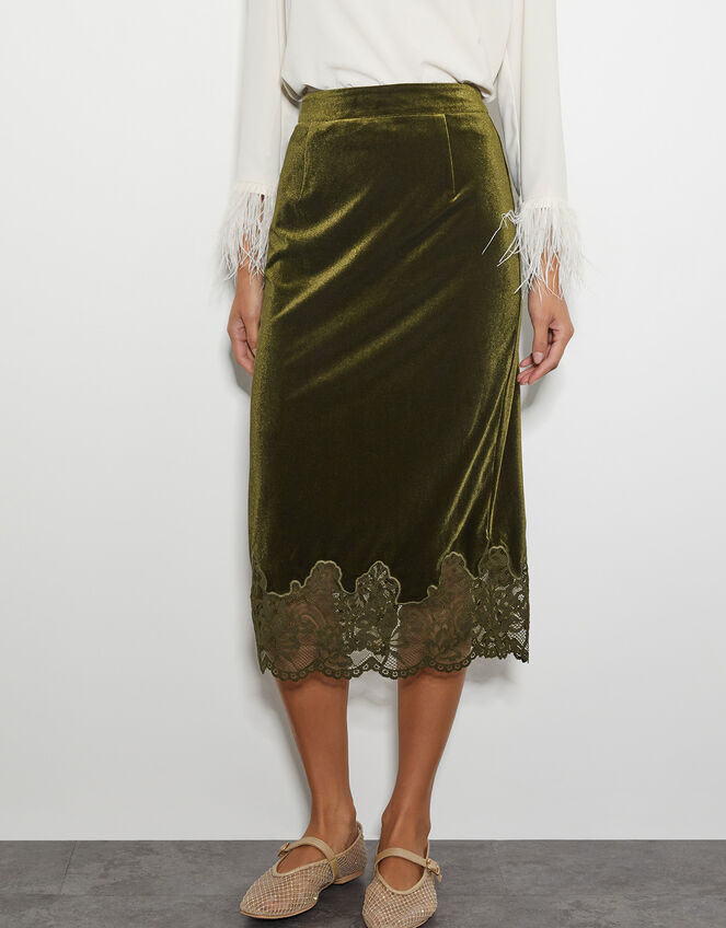 Andi Velvet Lace Pencil Skirt, Green (OLIVE), large