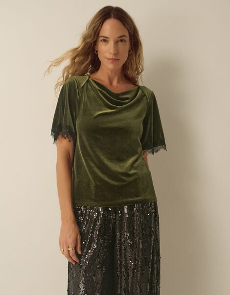 Vina Lace Trim Velvet Top, Green (KHAKI), large
