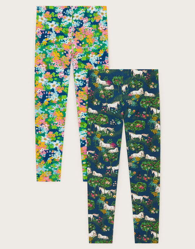 2-Pack Unicorn Floral Leggings, Blue (NAVY), large