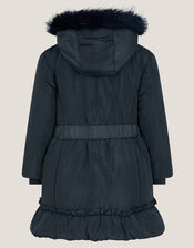 Frill Bow Hooded Coat, Blue (NAVY), large