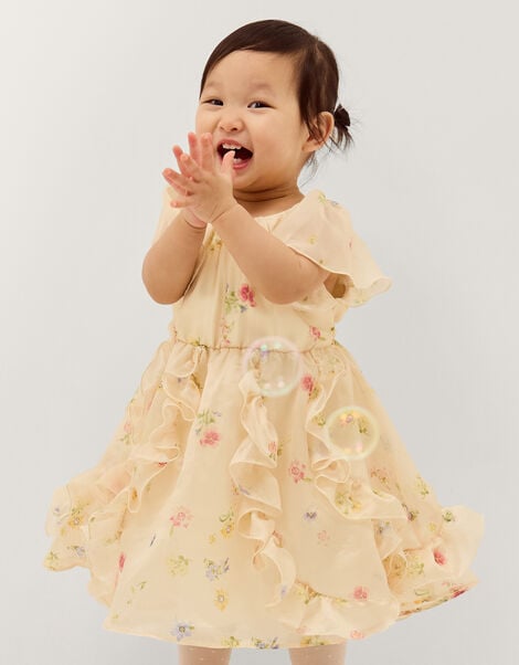 Baby Ditsy Floral Ruffle Party Dress, Yellow (LEMON), large
