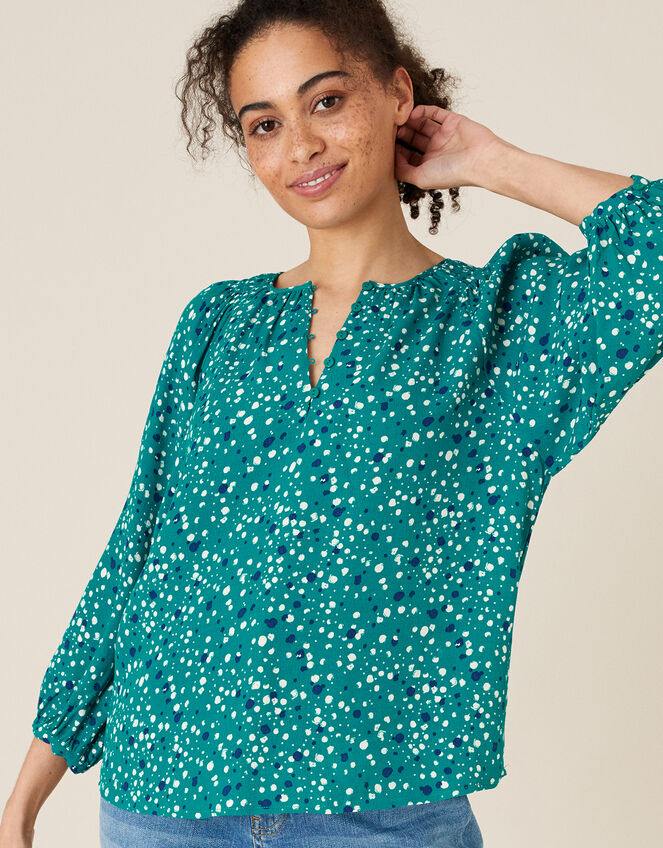 Printed Button Front Blouse, Green (GREEN), large