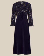 Stevie V-Neck Foil Polka Dot Velvet Midi Dress, Blue (MIDNIGHT), large