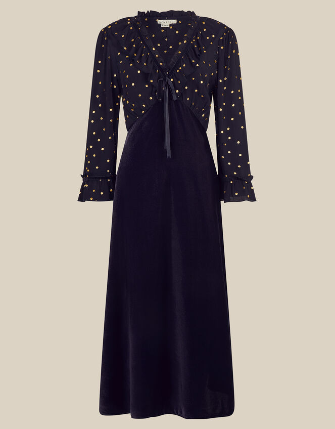 Stevie V-Neck Foil Polka Dot Velvet Midi Dress, Blue (MIDNIGHT), large