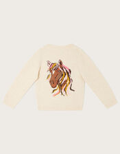 Intarsia Horse V-Neck Cardigan, Camel (OATMEAL), large