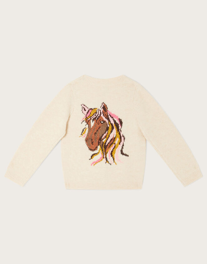 Intarsia Horse V-Neck Cardigan, Camel (OATMEAL), large