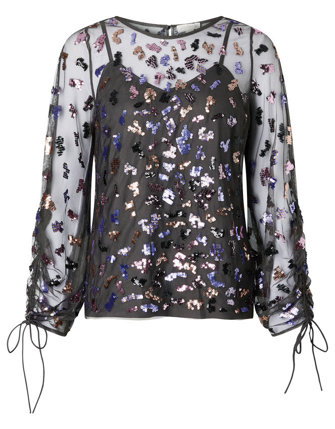 Eugiene Sequin Long Sleeve Top, Grey (CHARCOAL), large