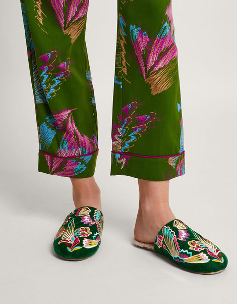 Camilla Bird Embroidered Slippers, Green (GREEN), large