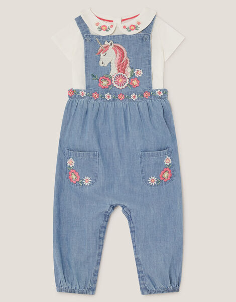 Baby T-Shirt & Unicorn Chambray Dungarees Set, Blue (BLUE), large