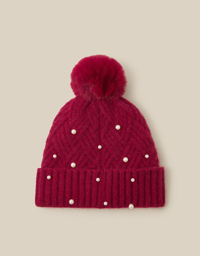 Pearl Bow Bobble Hat, Red (RED), large
