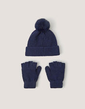 Bow Bobble Hat & Gloves Set, Blue (NAVY), large