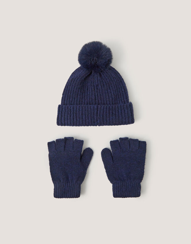 Bow Bobble Hat & Gloves Set, Blue (NAVY), large