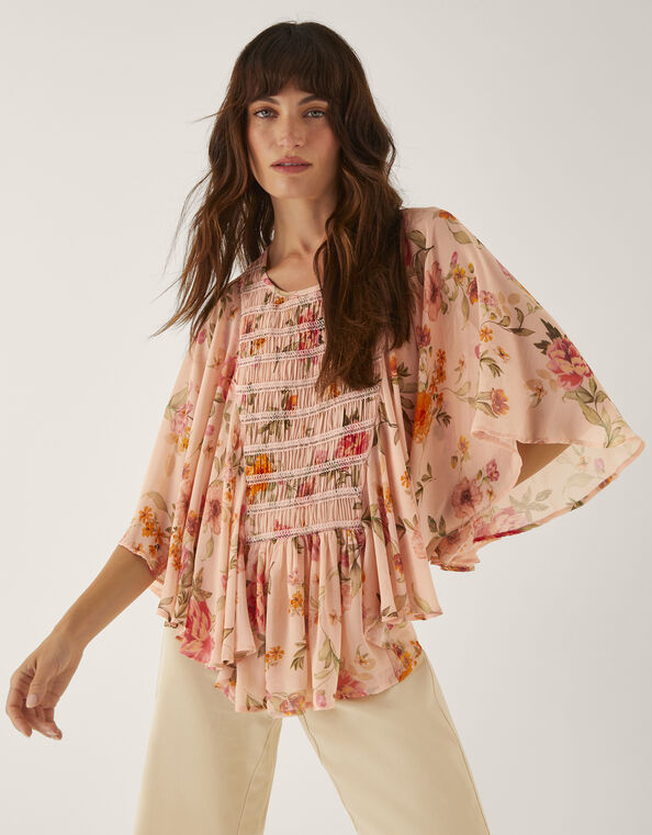 Cassia Shirred Floral Print Blouse, Nude (NUDE), large
