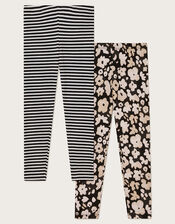 2-Pack Floral and Stripe Leggings, Black (BLACK), large