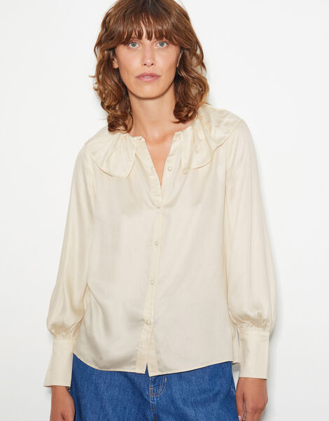 Daisy Frill Collar Satin Blouse, Ivory (IVORY), large