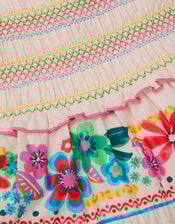 Floral Print Shirred Dress, White (WHITE), large