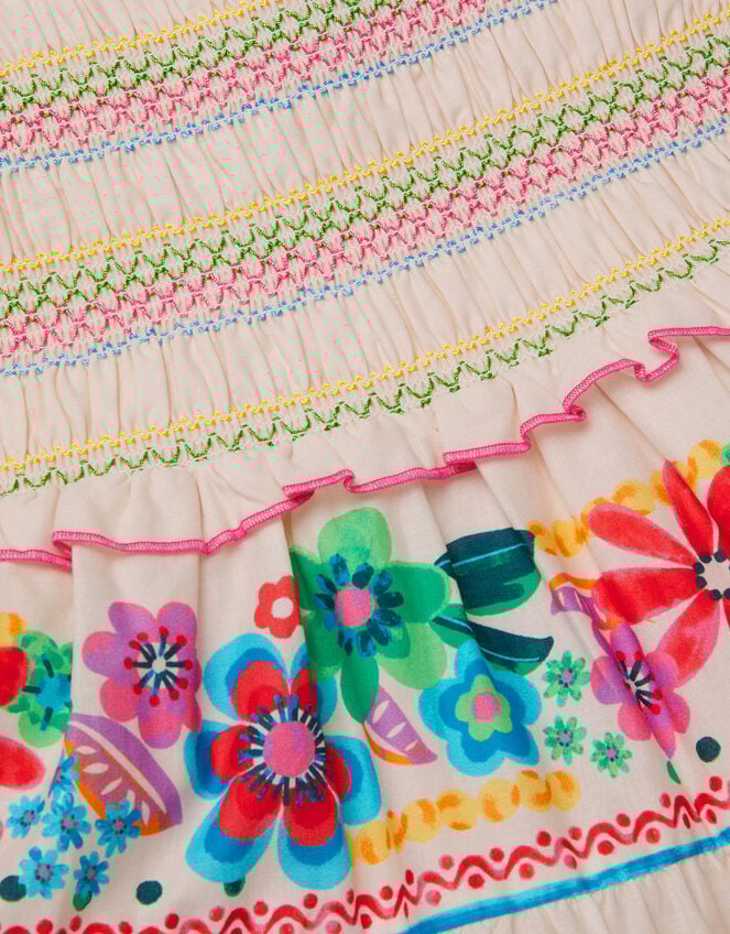 Floral Print Shirred Dress, White (WHITE), large