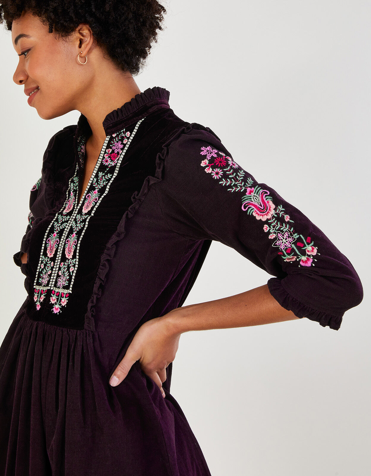 Cord Embroidered Short Tiered Dress Purple Day Dresses Monsoon