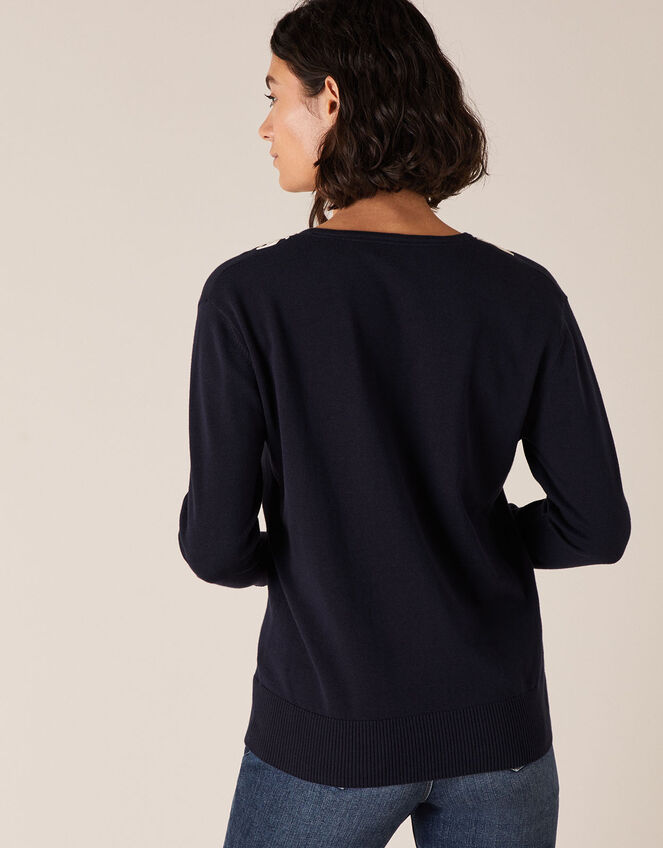 Cornelli Trim Dolman Sleeve Knit Jumper, Blue (NAVY), large
