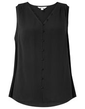 Button Front V-Neck Tank Top, Black (BLACK), large